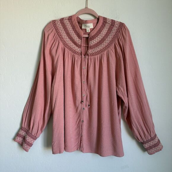 Westbound Tops - Nurture by Westbound 2X Pink Embroidered Boho Long Sleeve Peasant Blouse Flowy